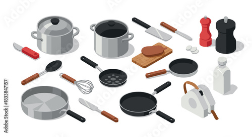 Kitchen tools set in isometric style featuring pots, pans, knives, and more for cooking enthusiasts
