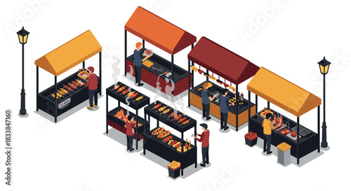 Isometric street food market scene with barbecue stalls and lanterns