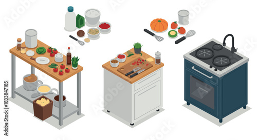 Isometric kitchen scene with ingredients and utensils on workstations