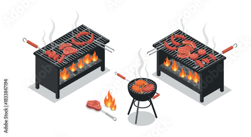 Isometric outdoor grilling scene with steak and meat on charcoal barbecue grills
