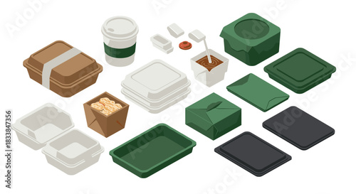 Isometric eco-friendly takeout containers and fast food packaging design
