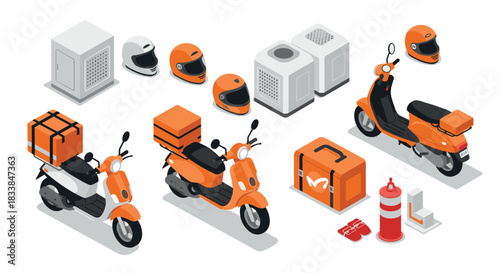 Isometric scooter delivery equipment and gear with helmets and boxes