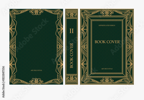 Classic vintage book cover and spine with gold and black art deco, art nouveau ornament, decorative frame, elegant retro style for classic publications, posters, artistic layouts