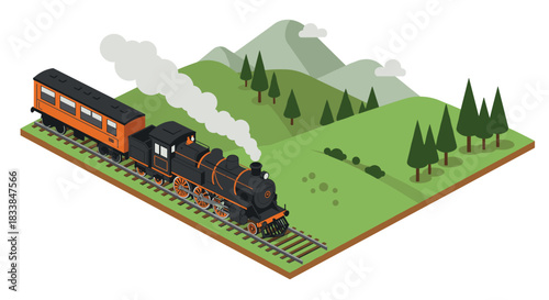 Isometric steam train journey through scenic mountain landscape