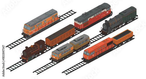 Isometric vintage and modern trains on tracks collection