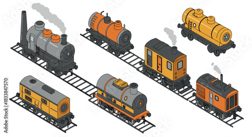 Isometric retro train collection: colorful steam engines and wagons on tracks