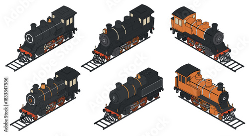 Vintage steam locomotives in isometric design featuring classic rail cars