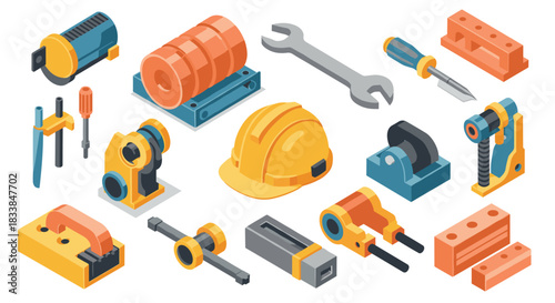 Isometric industrial tools set with hard hat, wrench, and drill