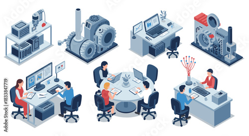 Modern isometric office and industrial workspace with diverse professionals and advanced machinery