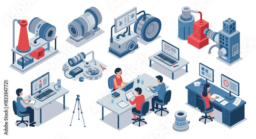 Isometric office and industrial equipment scene featuring laptops, desks, and machinery