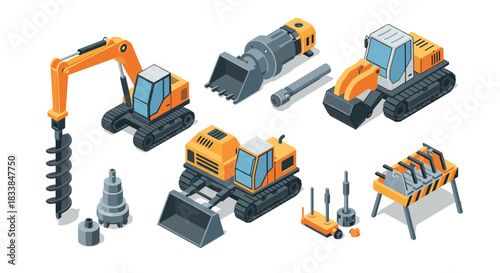 Isometric heavy construction equipment set featuring excavators, drill, and machinery components