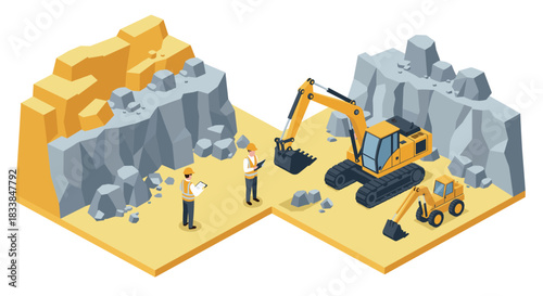 Isometric construction site with excavators and engineers in quarry setting
