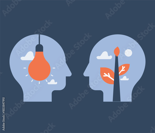 Guidance, negotiation, and persuasion are key concepts, along with ideas and development. The design utilizes a flat style to communicate empathy and creativity.