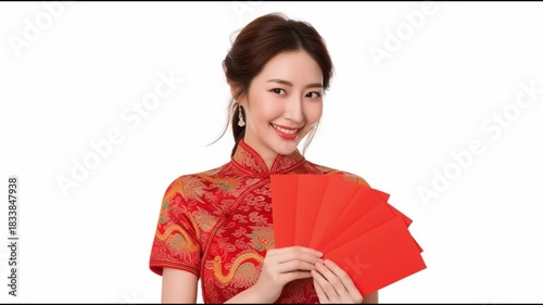 A woman in traditional attire joyfully displays red envelopes, symbolizing blessings and prosperity during cultural celebrations.