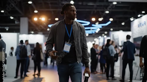Man walking through trade show. He moves through crowd on conference floor with badge and lanyard. Attendee passes by booth and expo stand exhibit. Businessman holds phone while walking among crowd.