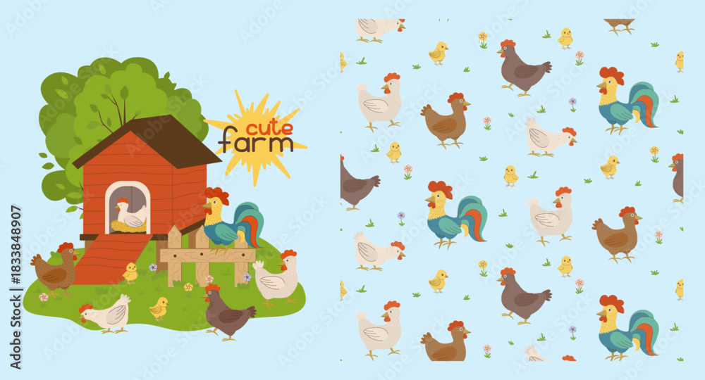Fototapeta premium Charming vector illustration featuring a chicken coop with playful farm animals, showcasing hens, chicks, and a rooster. Ideal for children s designs and educational materials.