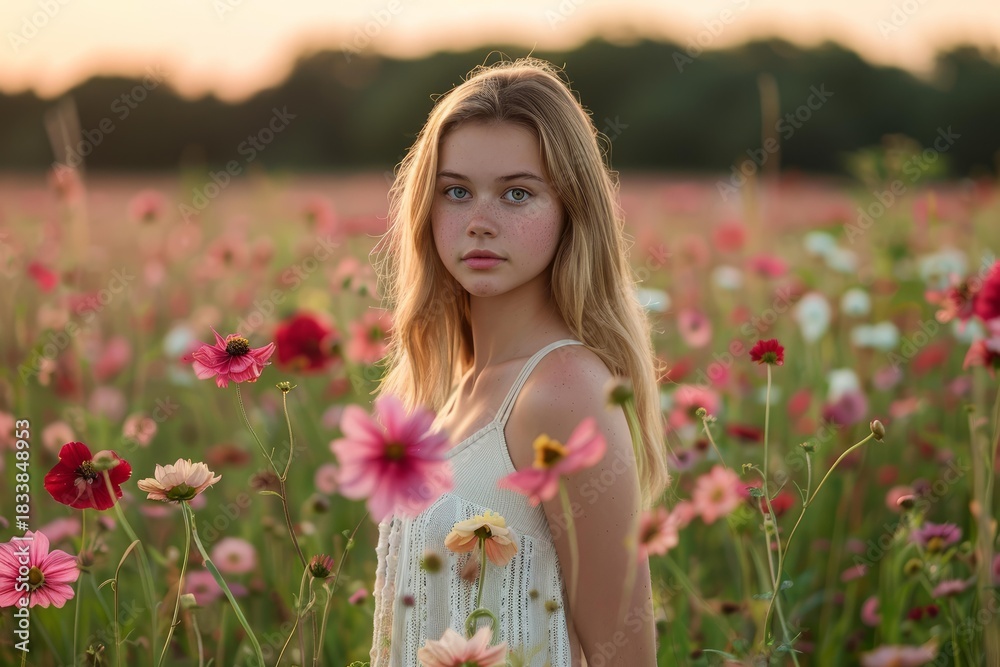 Fototapeta premium Blonde teenage girl standing in a field of colorful cosmos flowers during a beautiful golden hour sunset