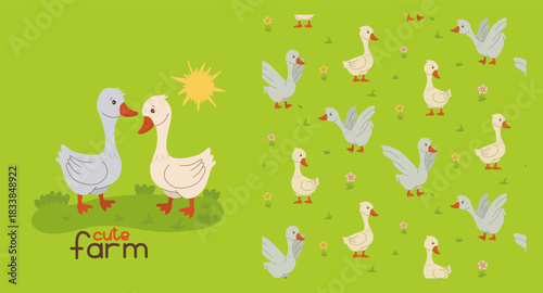 Cute Farm geese Pattern Vector Illustration