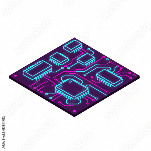 A vibrant neon circuit board illustration featuring glowing microchips and electric lines in blue and pink tones, creating a modern futuristic tech look.