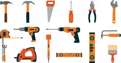 Flat design illustration of construction tools including hammer, saw, drill, screwdriver, pliers, wrench, tape measure, level, brush, DIY equipment