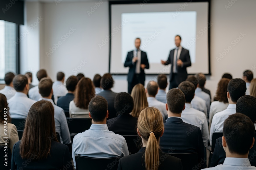 custom made wallpaper toronto digitalAudience listening to business professionals giving educational presentation in modern conference room during seminar or training session indoors. Ai generative