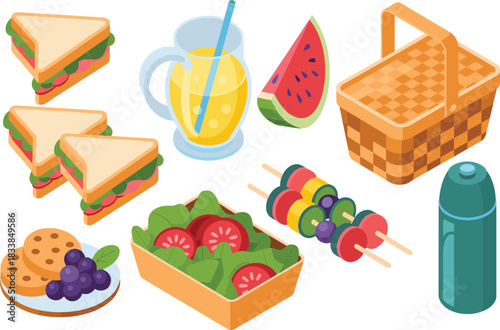 Isometric illustration of picnic food including sandwiches, salad, fruit, juice, skewers, cookies, thermos, basket, outdoor meal items for summer
