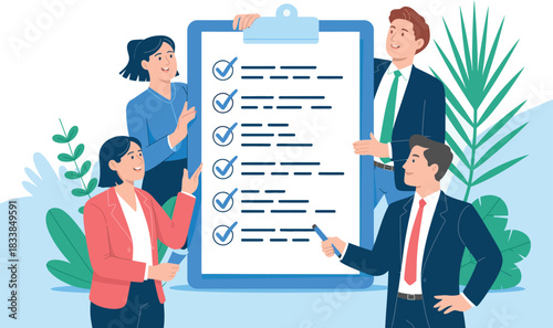 Diverse team reviews project tasks on a giant clipboard checklist. Vector
