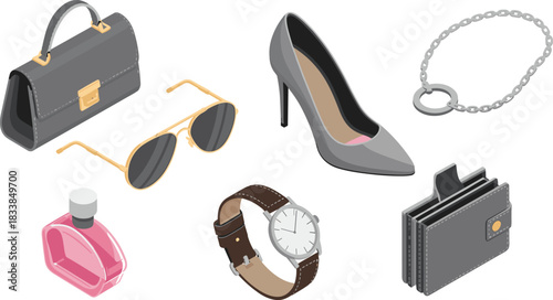 Isometric illustration of luxury fashion accessories including handbag, high heel shoe, sunglasses, perfume, watch, wallet, necklace, stylish elegant items