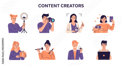 Eight flatstyle illustrations of content creators with production tools and products
