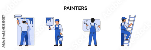 Four cartoon painters in blue overalls performing various tasks related to painting