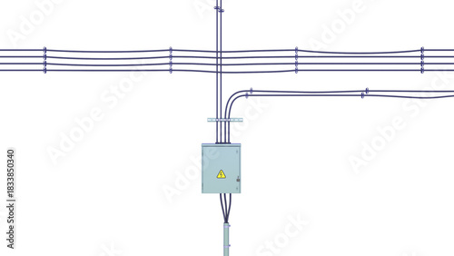 Wall Industrial Electrical Box and Cables for plant. HV and MV Power Cables on the wall and cable trays. 3D rendering isolated on white background. Ideal for professionals, educational, engineering.
