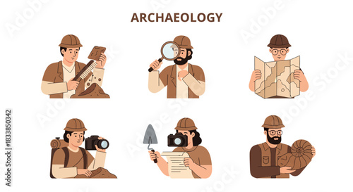 Six archaeologists in brown attire performing tasks featuring tools maps and artifacts