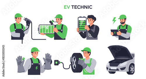 Set of illustrations depicting Electric Vehicle EV technicians performing various maintenance tasks