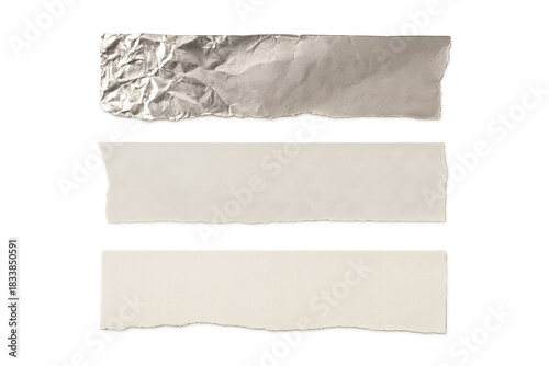 Torn paper strips and crumpled foil pieces on transparent background for collage or scrapbooking elements