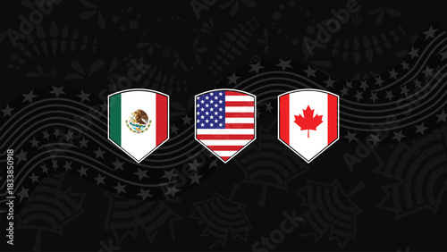 Modern Dark Wave Line Art Flags Illustration of USA Mexico Canada for World Cup 2026 Host Nations Banner and Sport Event Background
