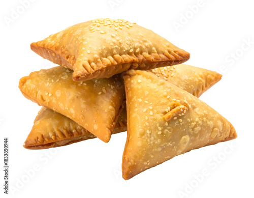 A close-up view of five golden-brown, crispy fried samosas with a textured surface and sealed edges