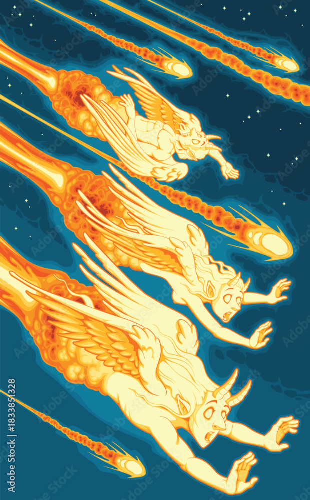 Obraz premium Angels fall from the sky along with comets. Vector cartoon illustration.