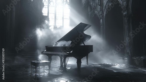 Grand piano in dark gothic room with light rays shining through window creating a dramatic emotional scene
