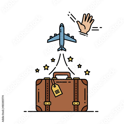 Suitcase Emitting Stars with Airplane and Waving Hand.
