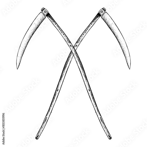 two crossed old scythes, featuring rustic wooden handles and weathered metal blades. The vintage farming tools are arranged in an X-shape, creating a bold, traditional, and timeless design.