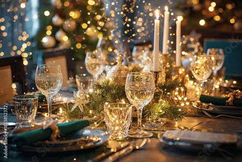 Table setting. Stylish plates, napkins, New Year decorations, Christmas tree garlands on a festive table against the backdrop of a Christmas tree. The concept of a fun Christmas and the New Year 2026.