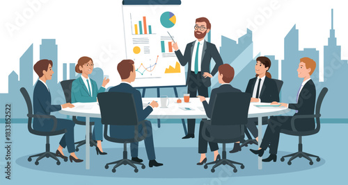 Business team collaborating in a modern office meeting room Vector
