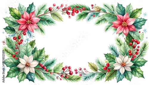 Christmas floral frame. Winter greenery border isolated on white background. Holiday greeting card template. Hand painted watercolor illustration