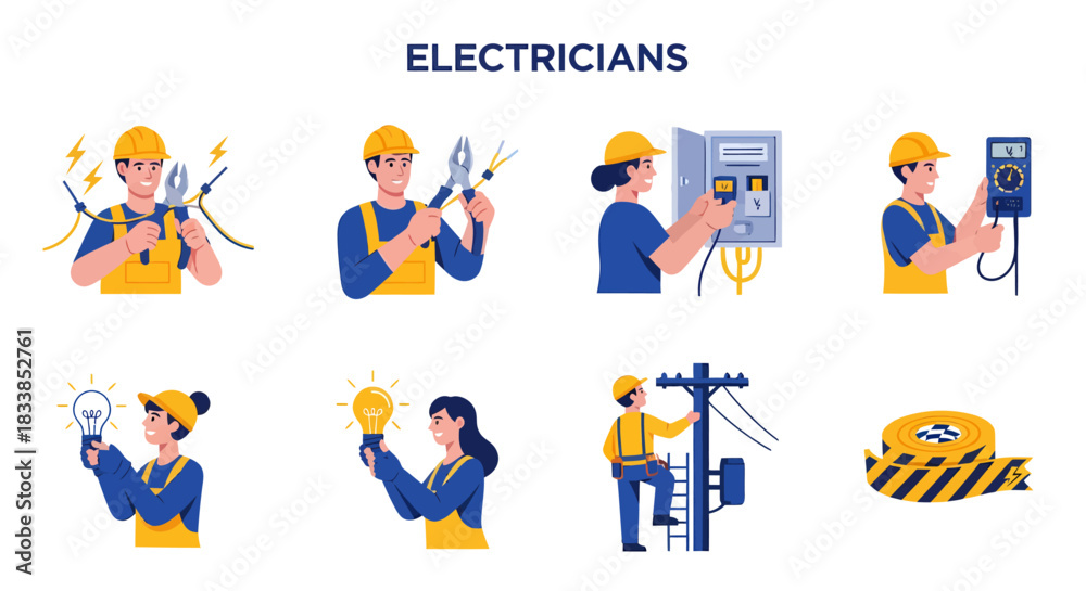 Fototapeta premium A collection of eight illustrations depicting male and female electricians performing tasks and electrical supplies