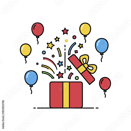 Surprise Gift Box with Balloons and Confetti Celebration.