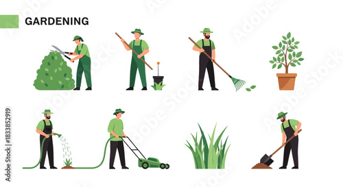 Eight illustrations depicting gardeners performing various lawn and plant care tasks