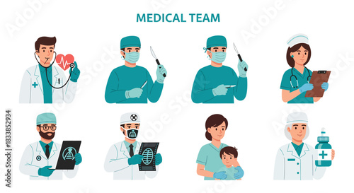 Eight medical professionals depicted in two rows against a white background