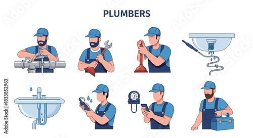 Eight vignettes depicting male plumbers performing various tasks with tools and plumbing fixtures