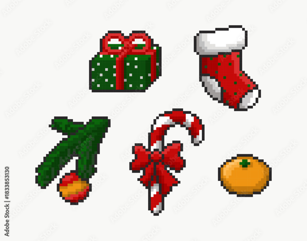 Fototapeta premium Pixel Christmas stickers set. 8-bit holiday icons: Gift, stocking, candy cane, spruce branch, tangerine