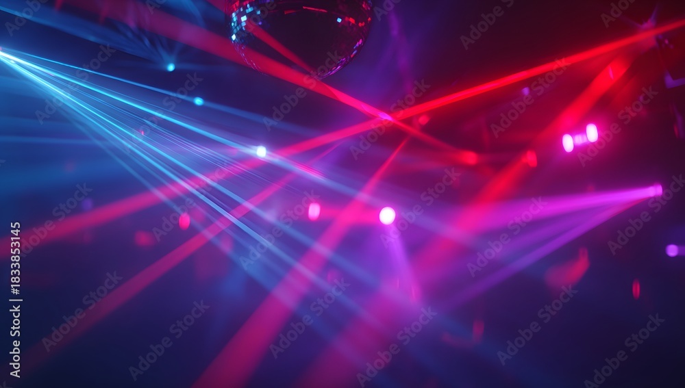 Obraz premium Vibrant red and blue laser beams intersecting in a dark atmosphere creating a dynamic light show experience